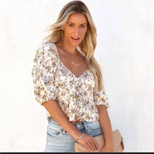 Vici White Floral Puff-Sleeve Peplum Blouse